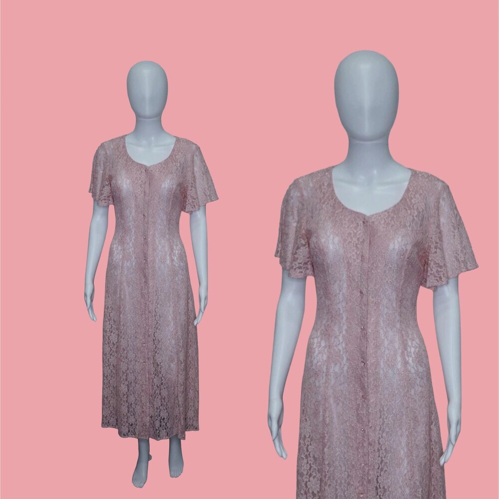 1990s ALL THAT JAZZ Semi Sheer Lace Button Up Dress W/Flutter Sleeves. Small
